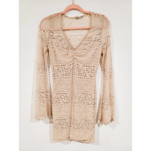 Arden B Lined Lace V-Neck Cocktail Dress w Long Trumpet Sleeves Size S Ivory - Picture 1 of 5